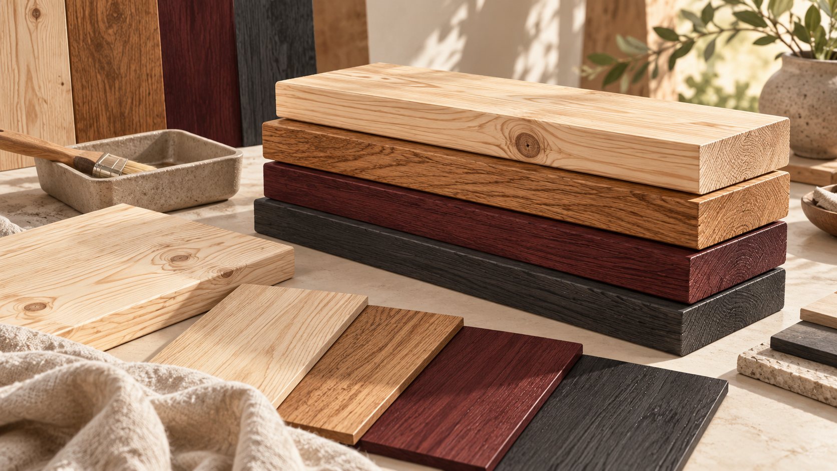 Ilustración de muestras de madera y acabados para su estudio