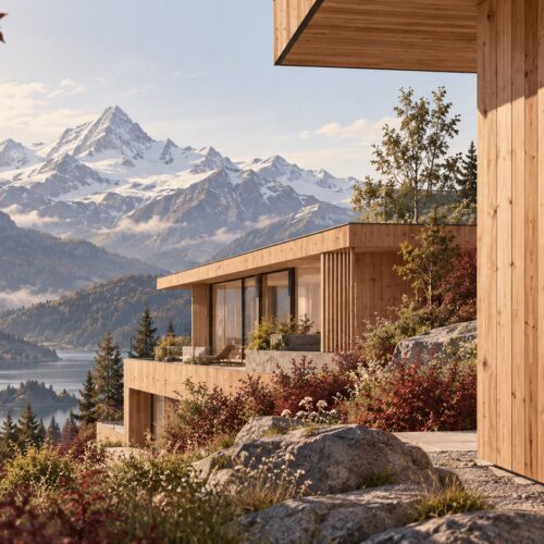 Ilustración conceptual de arquitectura de madera en un entorno alpino