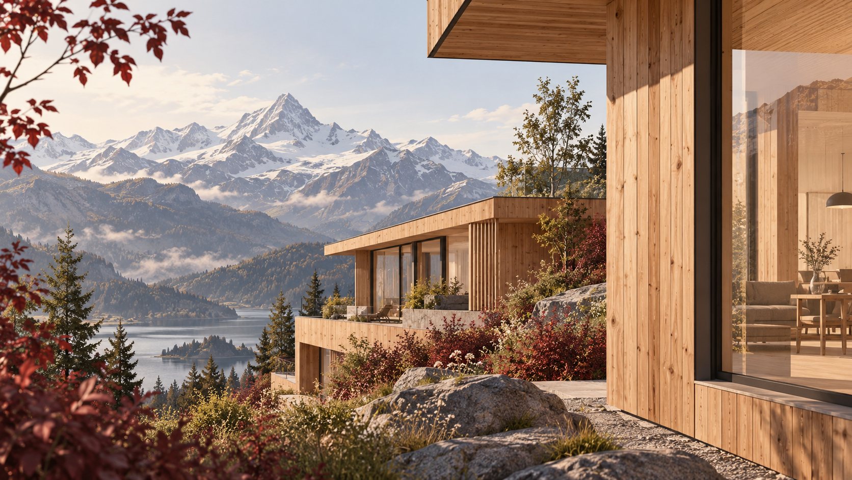 Ilustración conceptual de arquitectura de madera en un entorno alpino