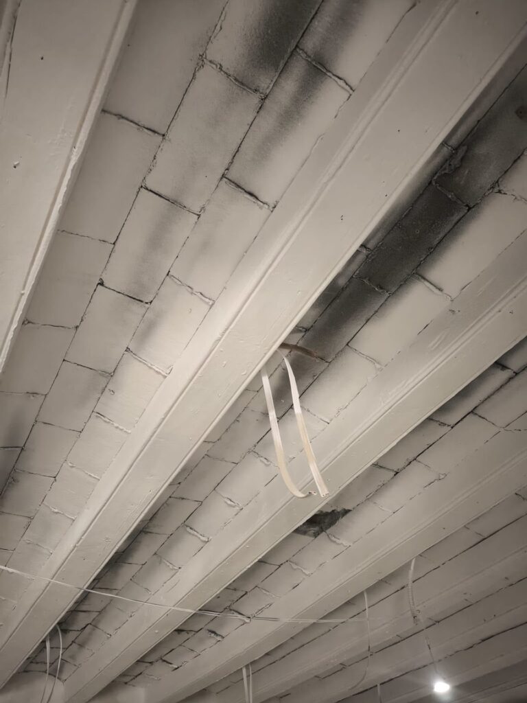 Detalle del acabado blanco en las vigas vistas de madera